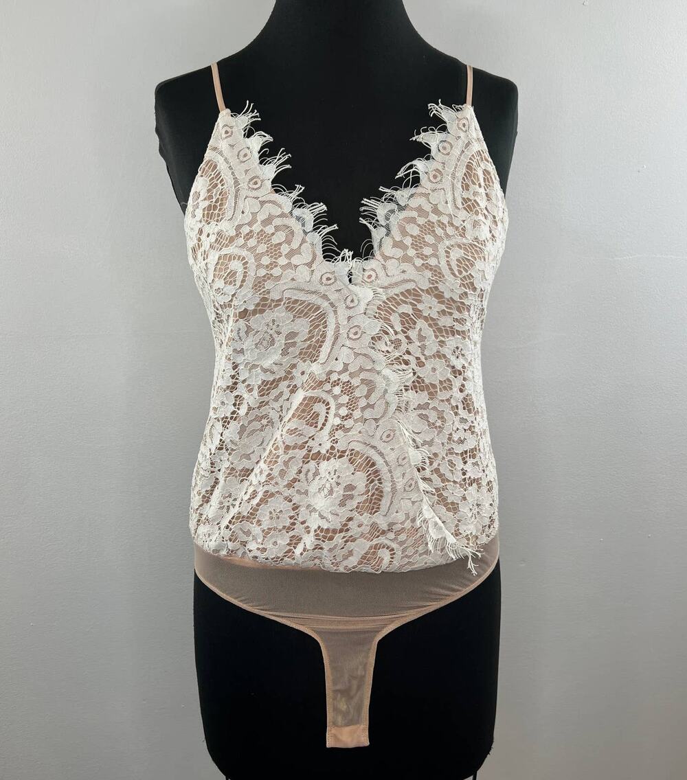 WAYF White Tan Lace V-Neck Adjustable Sleeveless Thong Bodysuit One Piece S